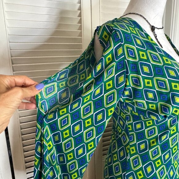 Ruched Geo Print Womens Stretch Babydoll Midi Dress Sz‎ S Split Sleeve 70s - Picture 5 of 12